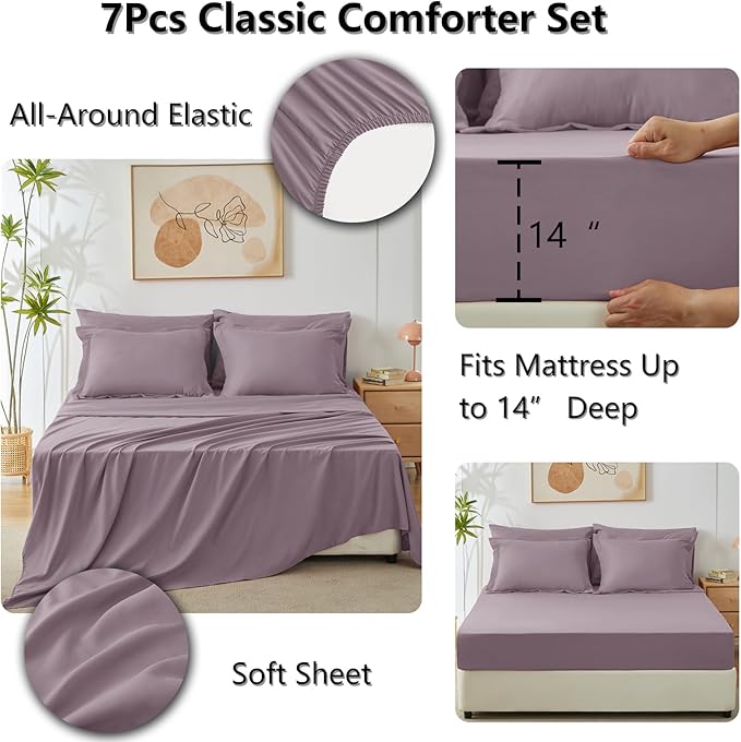CozyLux Queen Comforter Set Dusty Purple - Bed in a Bag Queen Size 7 Pieces, Soft Bed Set for All Seasons, Bedding Set with Down Alternative Comforter, Sheets, Pillowcases & Shams, Grayish Purple