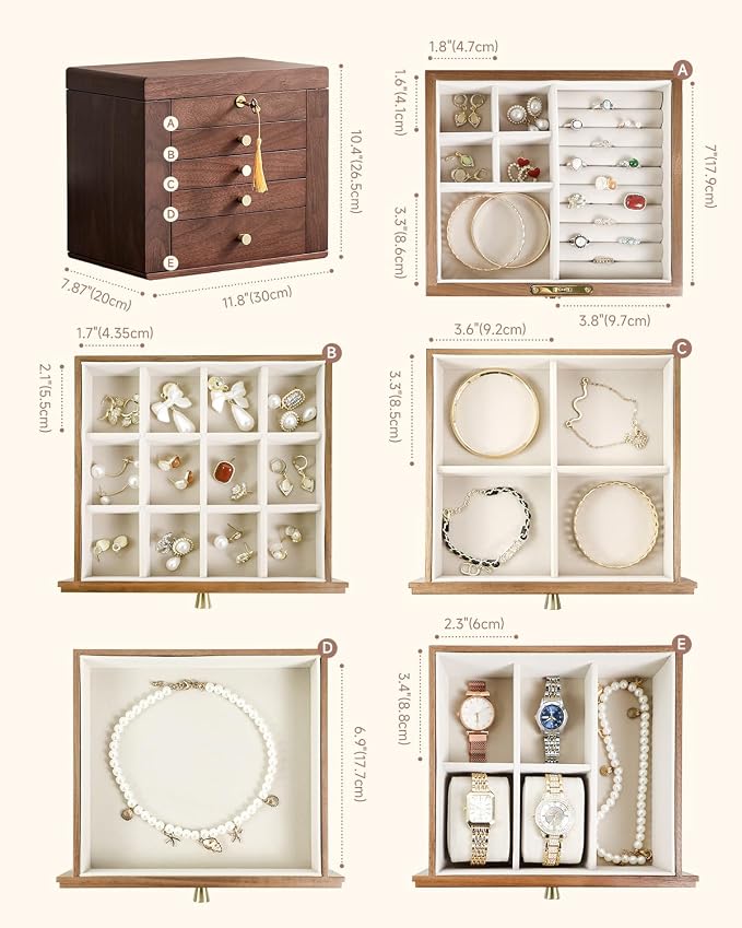 Black Walnut Wooden Jewelry Box Wood Jewelry Organizer with 2 Side Doors Mirror Lockable Classical Style for Watch Necklace Ring Earring Storage Mothers Day Gifts for Mom-5 Layer - Image 3