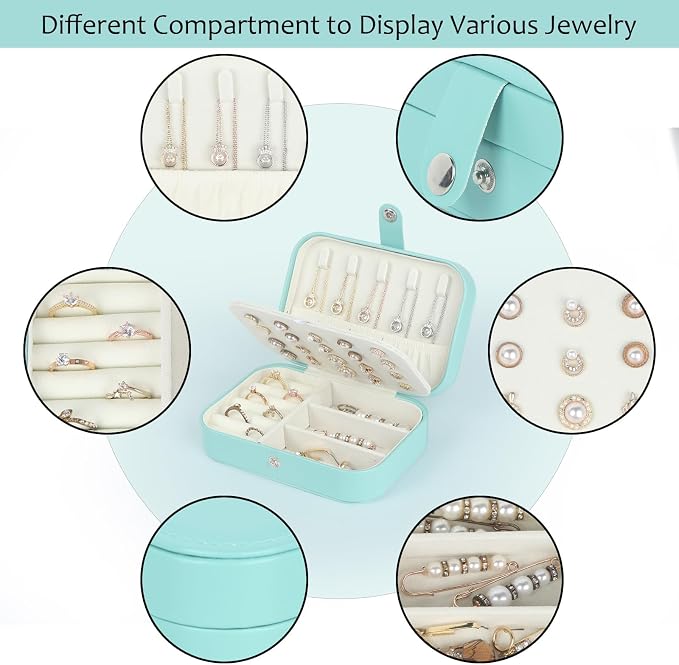 Hatori Travel Jewelry Box, PU Leather Small Jewelry Organizer for Women Girls, Portable Mini Travel Case Display Storage Holder Boxes for Stud Earrings, Rings, Necklaces, Bracelets (Turquoise) - Image 4