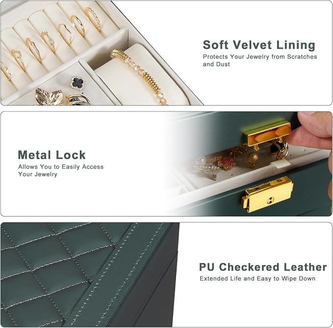 GUOER Jewelry Box for Women Girl Wife - Large PU Leather Jewelry Organizer Storage Case with Two Layers Display for Earrings Bracelets Rings Watches (Hunter Green) - Image 4