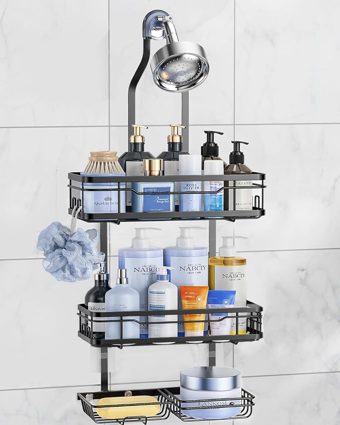OMAIRA Shower Caddy Hanging Over the Shower Head - Rustproof Shower Organizer Hanging with Soap Scrub Holder, Non-Slip Stainless Steel Bathroom Storage Rack & Shelves, No Drilling, Black by OMAIRA