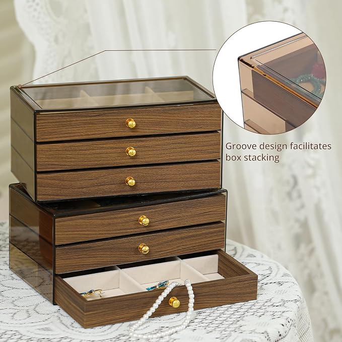 CLUQMEIK 3-layer Wooden Drawer Jewelry Organizers and Storage Box with Grey Acrylic Lid and Velvet Lining, Jewelry Box for Women and Girls to Store Rings Earrings Bracelets Necklaces - Image 6