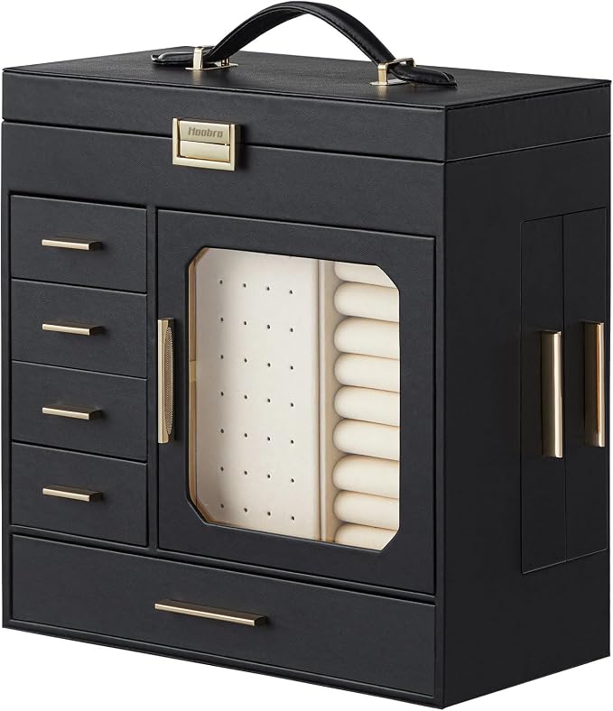 HOOBRO Jewelry Box with Mirror, Jewelry Organizer Box with Capacious Storage Space, Jewelry Holder Organizer, Hand-Held Jewelry Case, Glass Cover, Modern Style, Black and Light Gold BK06JB04G1 - Image 9