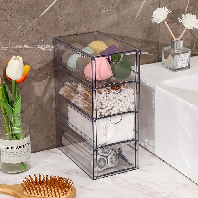 FABROK Clear Hair Accessory Organizer Box with 4 Drawers, Compact Storage Organization Drawers Set for Cosmetics, Glasses, Stationery, Stackable Storage Containers Box for Bathroom, Closet, Desk, Office - Image 7