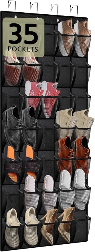 PAULONE 35 Pocket Over the Door Shoe Organizer,Reusable Breathable Large Mesh Bag Men's & Women's Sneaker Organizer,Shoe Organizer for Kids,Hanging Shoe Storage Hanging Bag (Black) by Unknown