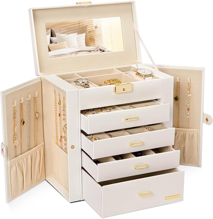 Homde Synthetic Leather Huge Jewelry Box Mirrored Watch Organizer Necklace Ring Earring Storage Lockable Gift Case (White + Gold) by Homde
