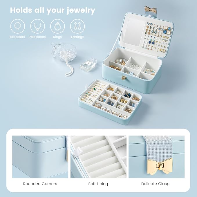 Lolalet 2 Layer Jewelry Box for Teen Girls & Young Women, Jewelry Organizer Case with Bow Clasp and Mirror for Earrings Rings Necklaces Storage, Gift Idea -Blue - Image 2