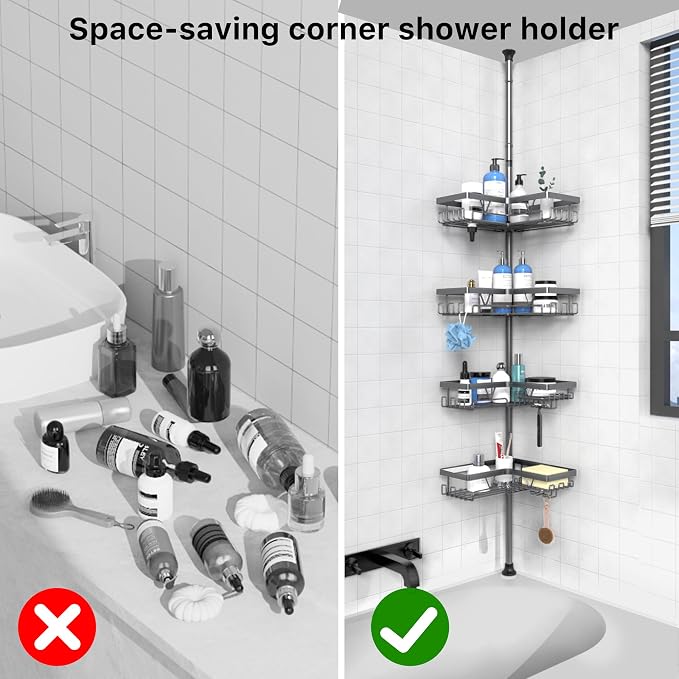KEGII Corner Shower Caddy Tension Pole - Rustproof Tension Rod Organizer, Floor to Ceiling Shower Caddy 25-114.2 inch, Bathroom Storage Rack Corner Waterproof, Dark Gray - Image 6