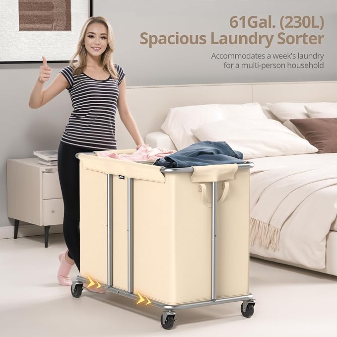 Hodonas 230L Rolling Laundry Hamper, 2-Section Laundry Basket with Wheels, 61 Gallons Laundry Sorter with Metal Structure and Removable Liner, Clothes Hamper for Laundry Room, Bathroom, Bedroom, Beige - Image 3