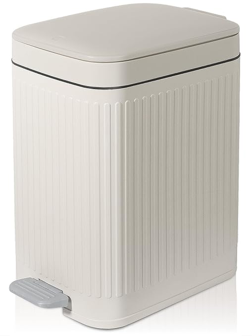 rejomiik Small Bathroom Trash Can with Lid Slim Soft Close Garbage Can Step Wastebasket Container Trash Bin for Office Bedroom Kitchen Living Room (1.9 Gallon Cream) by rejomiik