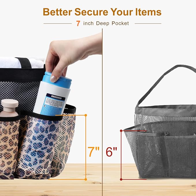 F-color Shower Caddy Portable - Mesh Shower Bag Basket Tote for College Dorm Room Essentials Bathroom Gym Camp Quick Dry for Women Men with S Hook, Leopard - Image 3