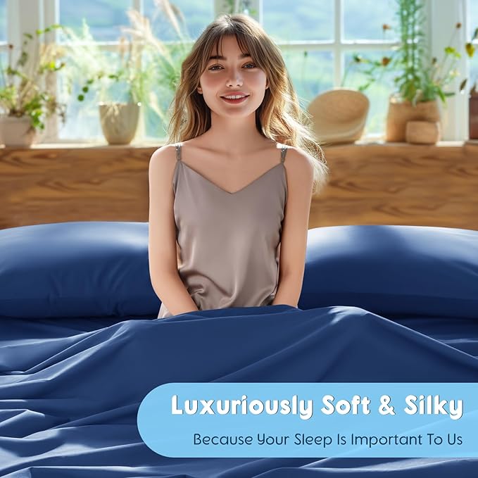 SONORO KATE 100% Egyptian Cotton Sheets Set - 1000 High Thread Count, Luxury 5-Star Hotel Sateen Bed Sheets, Soft, Breathable Long Staple Sheets, Fit up to 16" - 4 PC (Navy Blue,King)