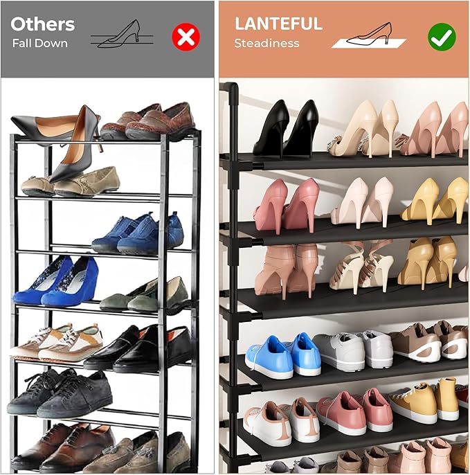 LANTEFUL 11 Tiers Tall Shoe Rack Holds 55 Pairs of Shoes with 18pcs Hooks Sturdy Wide Shoe Organizer Storage Free Standing Metal Shoe Shelf for Closet, Entryway Black - Image 6