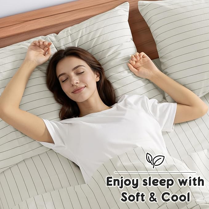 SONORO KATE 100% French Pure Linen Sheets, Breathable and Durable Linen King Size Sheets, Anti-Tear Linen Bed Sheets, Machine Washable, 16 Inch Deep Pocket - 4 Piece (White & Dark Grey Stripes)