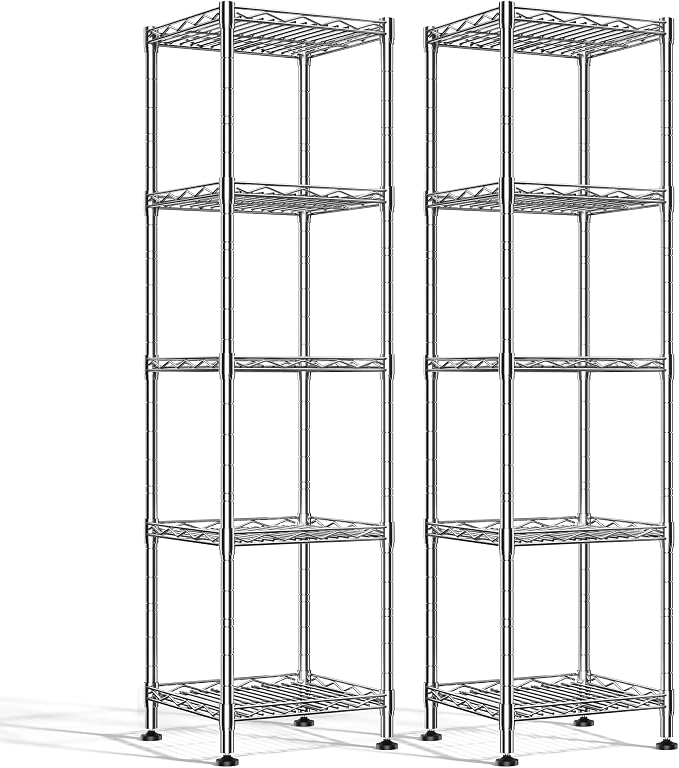 DurayLoly Set of 2 Metal Shelving-5 Tier Storage Shelves:AdjustableShelving and Units Standing Shelving Storage Rack Narrow Shelf for Kitchen Pantry Closet Office 12''Wx12''Dx49''H Chrome by Durayloly