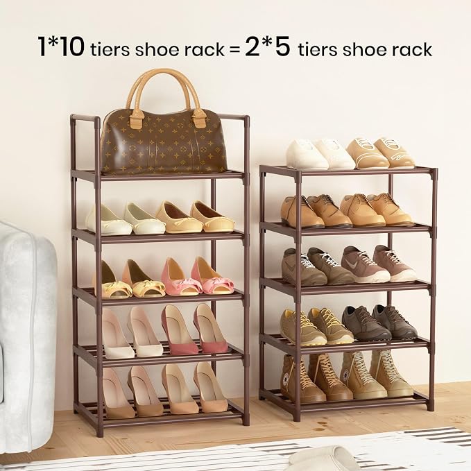 Tall 10 Tier Shoe Rack - 20-24 Pair Storage, Sturdy Metal Shoe Organizer with Hooks for Closet, Entryway, Brown - Image 4