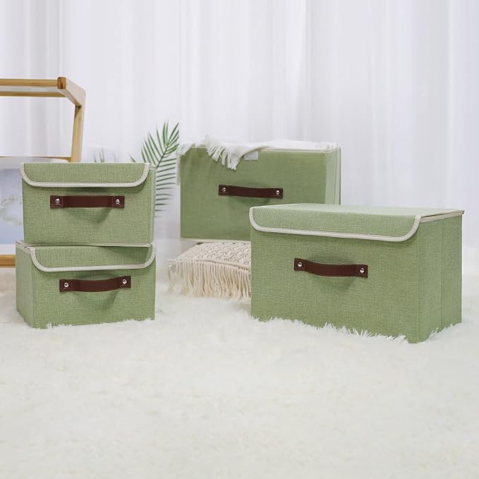 ANMINY 2PCS Storage Bins with Lid PU Leather Handles Storage Boxes PP Plastic Board Decorative Foldable Lidded Cotton Linen Fabric Home Cubes Baskets Closet Organizer Containers - Green, Large Size - Image 8