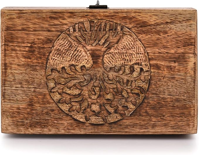 Samhita Handmade Mango Wood Tree of Life Engraving Beautifully Keepsake Box Jewellery Organiser Unique Gift Ideas for Men & Women (Flame Work Finish) - Image 2