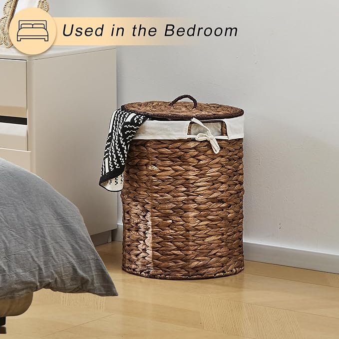 Round Water Hyacinth Laundry Hamper with Lid Handwoven Wicker Basket with Handles for Dirty Clothes, Storage, and Organization, No Assembly Required, 40L - Image 5