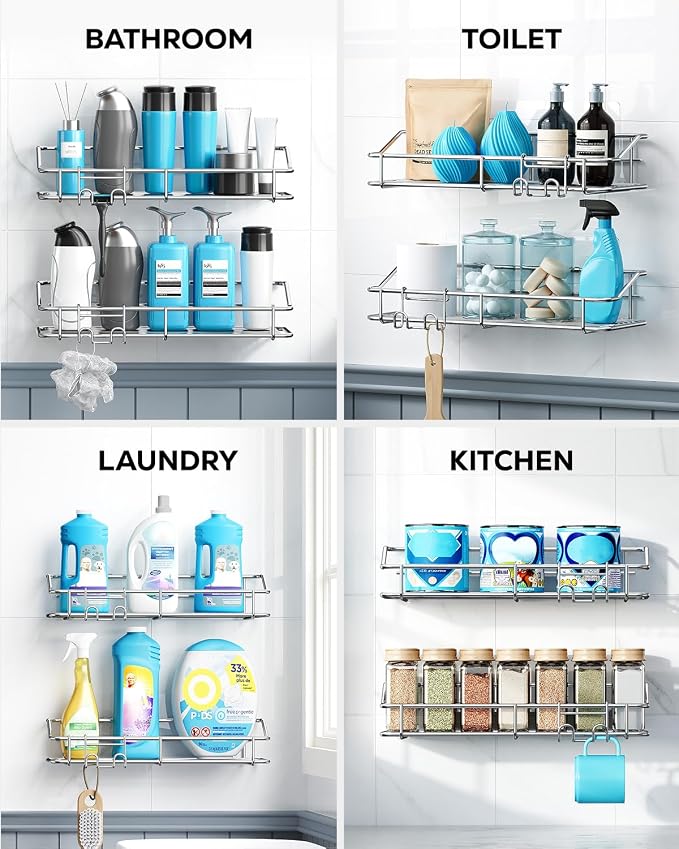 Nieifi Shower Caddy Shelf Storage Rack Adhesive Without Drilling Stainless Steel with Hooks for Washroom, Lavatory, Restroom, Toilet, Bathroom, Kitchen - 2 Pack - Image 8