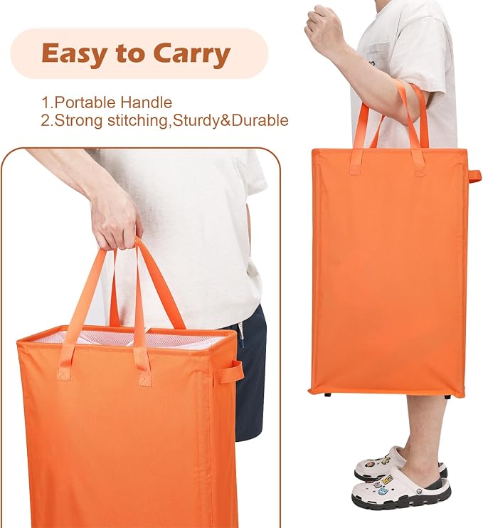 Odonata Slim Laundry Hamper Handles Collapsible Laundry Basket Thin Dirty Clothes Basket Narrow Laundry Bag Foldable Dirty Hamper 45L (Orange) - Image 4