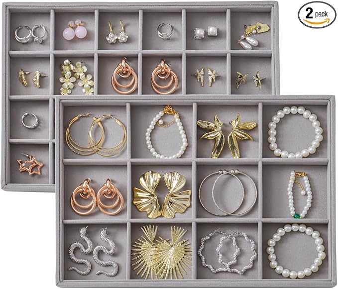 Large Velvet Jewelry Tray 2 Pack Stackable Jewelry Display Drawer Inserts Trays Organizer for Earring Bracelet Necklace Ring (Gray, 12 Grids+24 Grids) by Unknown