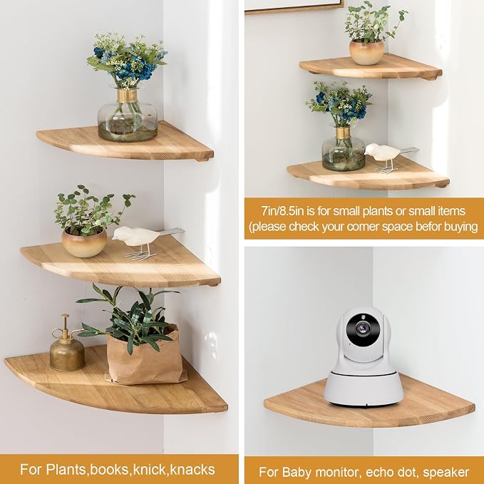 Corner Shelf, 12inch Solid Oak Wood Floating Corner Shelves Wall Mount Round End Floating Speaker Shelf with Wire Hole for Small Plant Photo Frame for Bedroom Kitchen, Living Room - Image 5