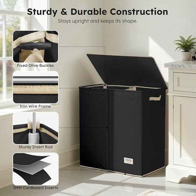 SOLEDI Large Double Laundry Hamper with Lid,165L Collapsible Clothes Hamper 2 section with Removable Bags, Space-Saving Laundry Basket for Bedroom, Dorm, College - Image 6