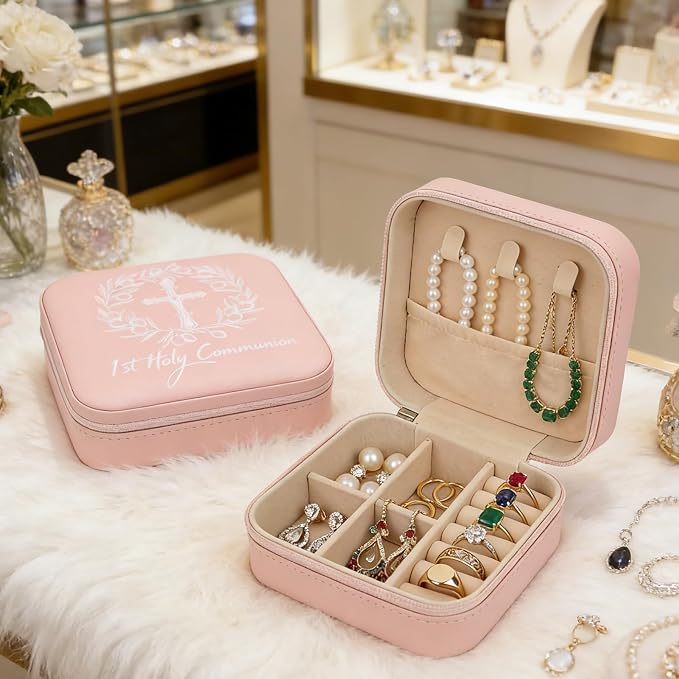 2 Pcs First Communion Travel Jewelry Box, Small Pink Case with Zipper & Soft Lining, Christian Keepsake Organizer for Rings Earrings Necklaces, Religious Keepsake Gift for Girls (2, Pink) - Image 7