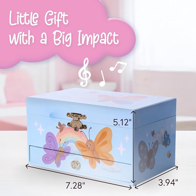 The Memory Building Co Butterfly Musical Jewelry Box Plays Classic Melody, Storage Organizer Music Box for Kids Ages 6-12, MDF Wood w/ 2 Fabric Lined Ring Bracelet Necklace Treasure Compartments - Image 4