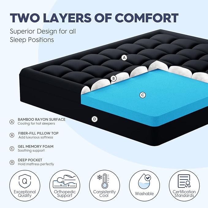 ELEMUSE 3 Inch Dual Layer Memory Foam Mattress Topper Cal King, 2 Inch Cooling Gel Memory Foam Pad Plus 1 Inch Down Alternative Pillowtop Mattress Pad with Cooling Cover, Black