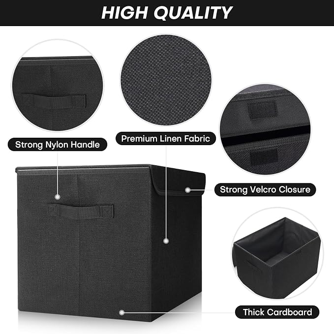 Bagnizer Large 17" 42 Quarts Collapsible Stackable Storage Bins with Lids [3-Pack] Foldable Fabric Linen Storage Boxes Cube, Closet Organizer Baskets with Label (16.7 x 12 x 12, Black) - Image 5