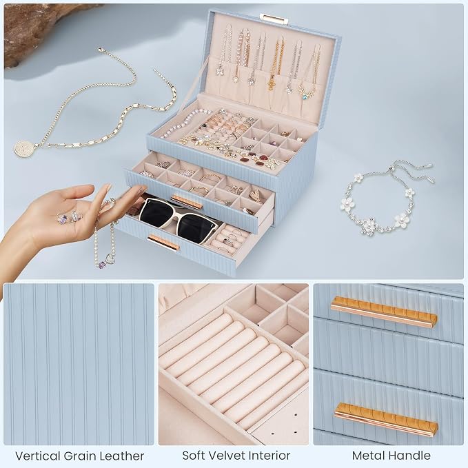 Dajasan Jewelry Box Organizer, 3-Tier Jewelry Storage with 2 Drawers, Large Jewelry Boxes for Women, PU Leather Surface with Texture, Gift Idea, Modern Style, 10.71 x 7 x 5.6 Inches (Smoky Blue) - Image 4