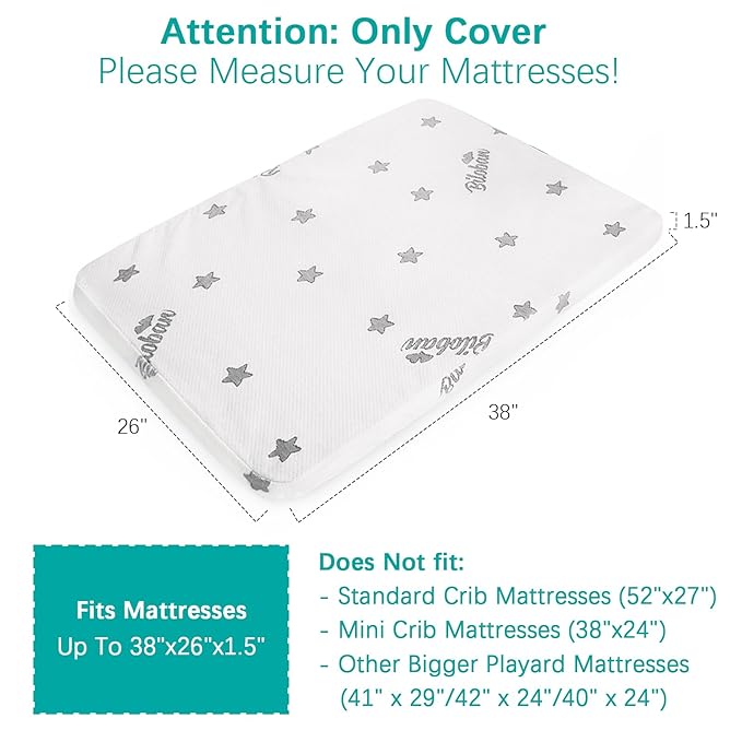 Pack and Play Mattress Protector Cover Zipper, Compatible with Graco Pack n Play &Dream On Me &Pamo Babe Playard Mattress to 1.5 Inches, Waterproof Viscose Made from Bamboo Playard Mattress Encasement
