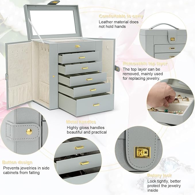 AKOZLIN Extra Large 6-Tier Jewelry Box Organizer Functional Huge, 5 Drawers Leather Jewelry Storage Case for Women Girls Ring Necklace Earring Bracelet Holder Organizer with Mirror Grey - Image 4