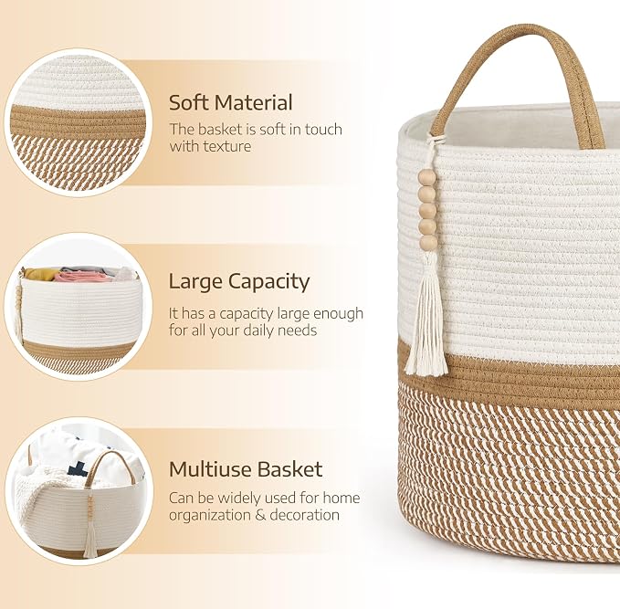 Mkono Woven Storage Basket Decorative Natural Rope Basket Wooden Bead Decoration for Blankets,Toys,Clothes,Shoes,Plant Organizer Bin with Handles Living Room Home Decor, 16"W×13.8"L, White and Brown - Image 6