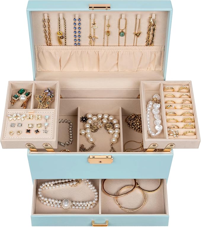 AKOZLIN Travel Jewelry Box Organizer Functional 2-trays Leather Jewelry Storage Case with Lockable Portable Drawer for Women Girls Ring Necklace Earring Bracelet - Image 5