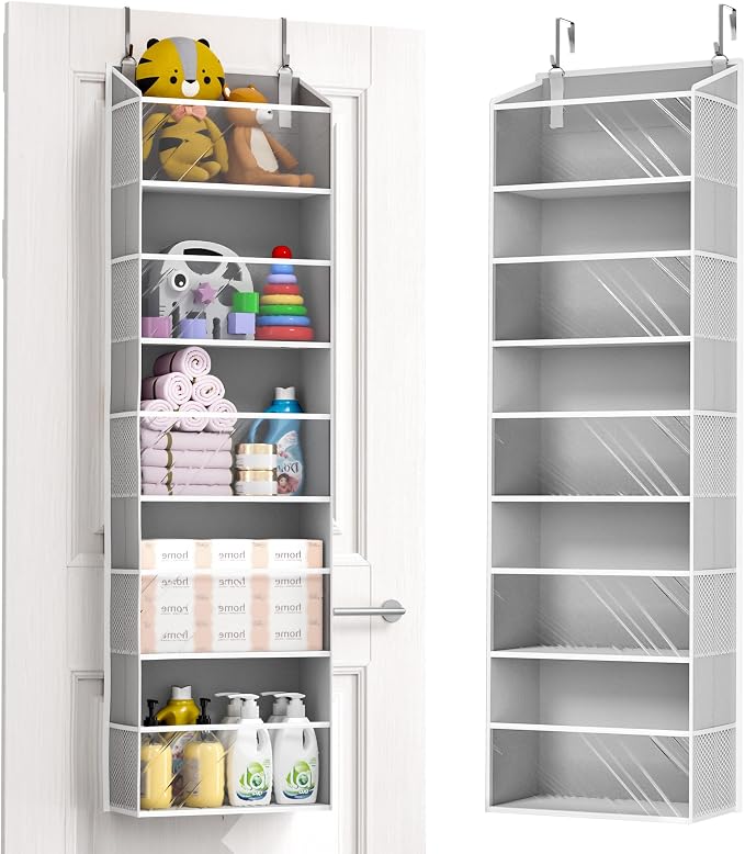 ULG 1-Pack Over Door Organizer with 5 Large Pockets 10 Mesh Side Pockets, 44 lbs Weight Capacity Hanging Storage Organizer with Clear Window for Bedroom Bathroom Kitchen, RV, Camper, Clear Grey by ULG
