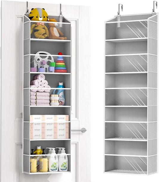ULG 1-Pack Over Door Organizer with 5 Large Pockets 10 Mesh Side Pockets, 44 lbs Weight Capacity Hanging Storage Organizer with Clear Window for Bedroom Bathroom Kitchen, RV, Camper, Clear Grey by ULG