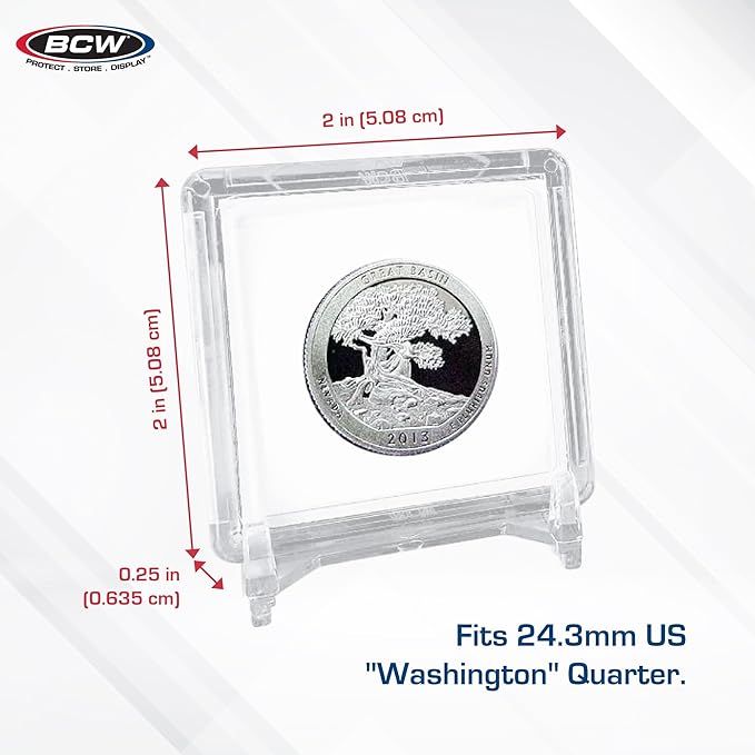 BCW 2x2 Snap Holder - 25 ct Quarter Case | Archival Safe Protector | Crystal Clear Polystyrene Display Box | Ideal for US Washington Quarters | Collectors Holder