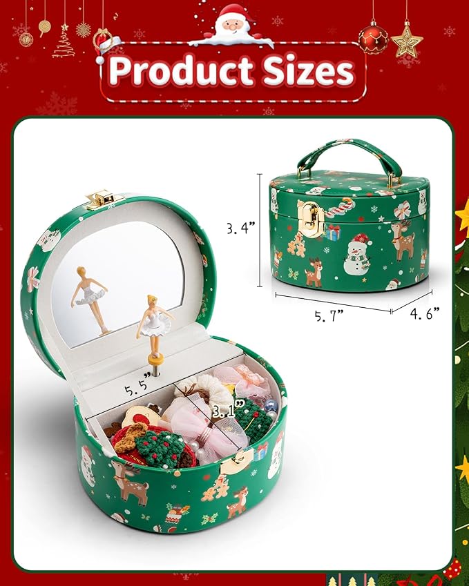 VLANDO Gifts for Girl, Musical Jewelry Box for Girls, Small Kid Music Box with Ballerina for Party Bedroom Decor, Gifts for Girls Kids - Christmas Green - Image 5