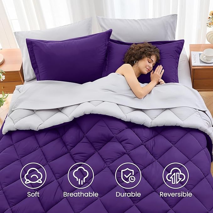 MUXHOMO 7 Pieces California King Comforter Set, Reversible Bed in a Bag Cal King Size, All Season Bedding Set with Comforter, Flat Sheet, Fitted Sheet, Pillowcases & Shams, Purple & Lavender