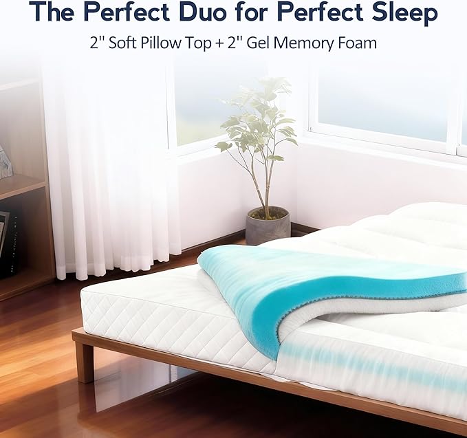 Dual Layer 4 Inch Memory Foam Mattress Topper Twin XL for College Dorm, 2 Inch Cooling Gel Memory Foam and 2 Inch Down Alternative Pillow Top Mattress Pad Cover 8-24 Inch Deep Pocket