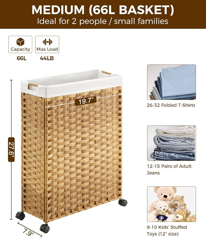 Greenstell Laundry Hamper with Wheels, 17.4 Gallon (66L) Slim Laundry Basket with 2 Removable Liner Bags & 2 Mesh Bags, Narrow Rattan Clothes Hamper for Bedroom, Laundry Room, Bathroom, Natural - Image 4