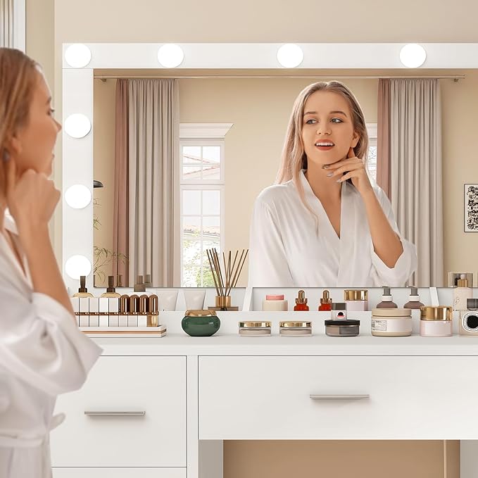 FIONESO Vanity with Large Mirror and 12 LED Lights, Vanity Desk with 7 Drawers & Hairdryer Holder, Makeup Vanity Desk with Charging Station for Women, Girls, 3 Lighting Color Adjustable, White