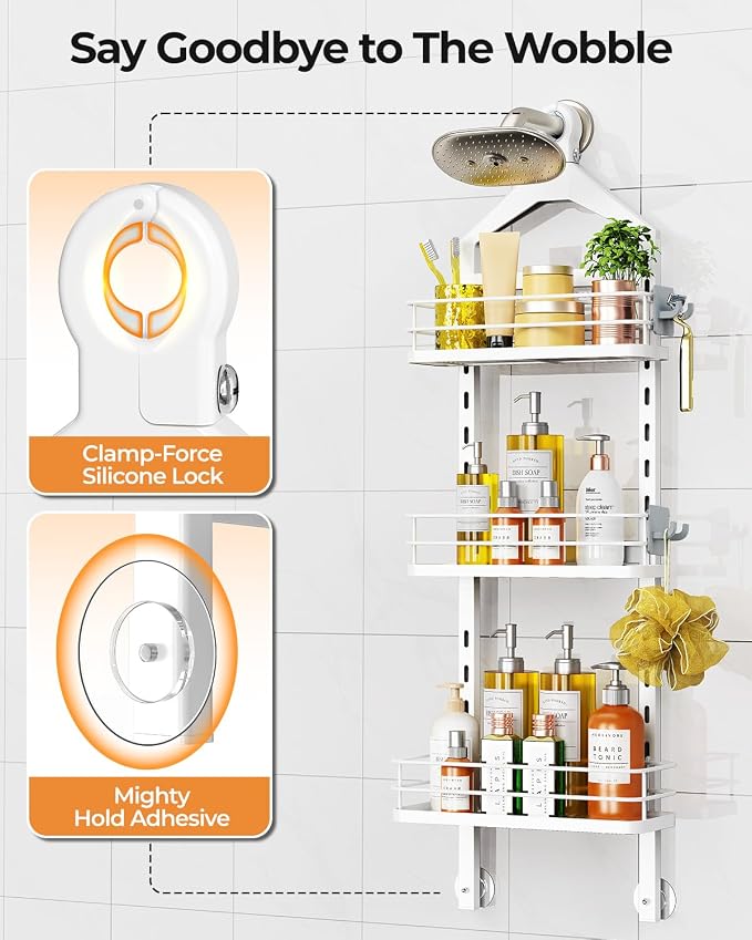 ODesign 3 Tier Height-Adjustable Shower Caddy Hanging Anti-Swing-Over The Shower Head Caddy-Storage Organizer Bathroom Shelves Basket - White - Image 5