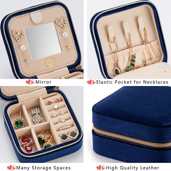 Plush Velvet Travel Jewelry Case,Mini Jewelry Box,Small Jewelry Organizer Portable Display Jewelry Storage Case, for Girls Women (NavyBlue-With Mirror) - Image 4