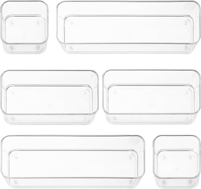 primebox Six Pieces - Clear Plastic Drawer Organizer Bins - Stackable, Non-Slip, 3 Sizes by primebox