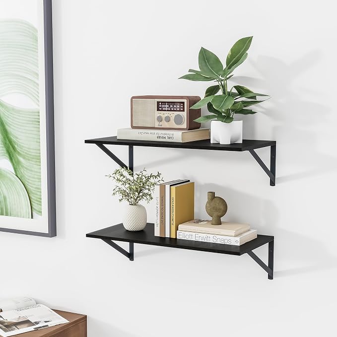 Heimlove Black Deep Floating Shelves for Wall, 24W x 12D Wood Wall Shelves Set of 2, Wide Floating Bookshelf for Living Room, Kitchen, Office, Bedroom and Decor Storage, with Metal Bracket - Black - Image 5