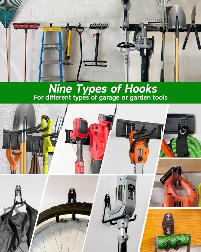 PIYILO Garden Tool Organizer 48 in with 18 Garage Hooks, Heavy Duty Garage Wall Hooks for Hanging Ladder, Bike, Tool Storage Rack for Yard Tools, Shovel, Shed (23 Pack) - Image 5
